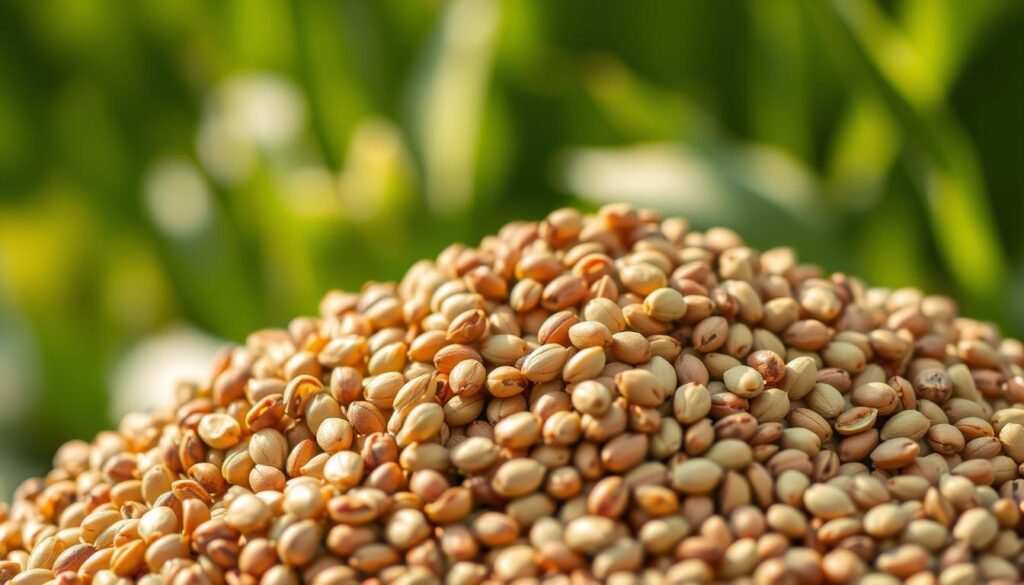 A close-up shot of a handful of high-quality, disease-resistant crop seeds in a well-lit, natural setting. The seeds are showcased against a soft, blurred background of verdant foliage, conveying a sense of vitality and growth. The lighting is warm and diffused, highlighting the intricate textures and varied hues of the seeds, which range from earthy browns to vibrant greens and yellows. The composition is balanced and inviting, drawing the viewer's attention to the resilient, carefully selected seeds at the heart of the image.