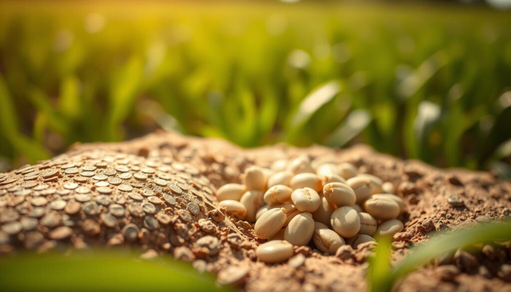A close-up view of an eco-friendly seed coating, meticulously crafted with sustainable materials. The foreground showcases the detailed texture and patterns of the coating, capturing the intricate design that enhances seed germination and growth. The middle ground reveals a handful of coated seeds, their surfaces reflecting the natural light. In the background, a blurred field of lush greenery suggests the thriving agricultural setting where these innovative coatings will be used. Warm, earthy tones and soft, diffused lighting create a serene, scientific atmosphere, highlighting the thoughtful engineering behind this sustainable farming solution.