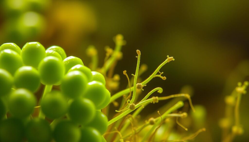 A close-up view of microscopic sustainable fertilizer microbes, meticulously detailed with a macro lens. In the foreground, a cluster of spherical, vibrant green cells pulsing with life. The middle ground reveals a diverse array of rod-shaped and filamentous bacteria, their intricate structures illuminated by soft, natural lighting. The background is slightly blurred, hinting at the complex ecosystem these microbes thrive in. The image radiates a sense of scientific wonder and the promise of ecological balance, reflecting the innovative spirit of new, high-yield fertilizer formulations.