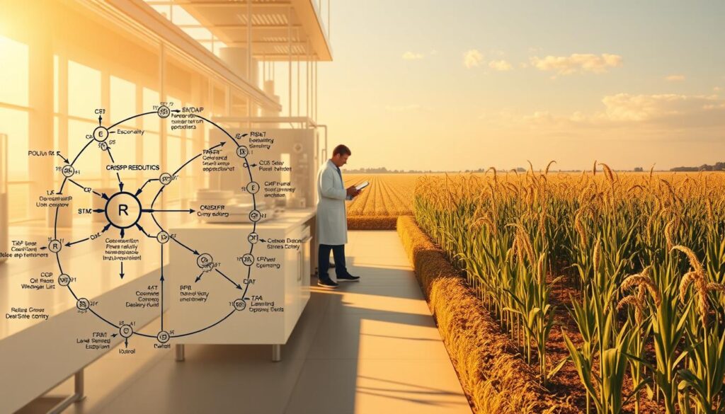 A complex molecular diagram depicting the CRISPR crop regulation process. In the foreground, a central diagram shows the key steps of the CRISPR gene editing workflow, with detailed components and annotations. In the middle ground, a team of scientists in a high-tech lab setting operate specialized equipment and analyze data. In the background, fields of crops sway gently in the breeze, representing the real-world application and oversight of this transformative technology. The scene is illuminated by warm, directional lighting that creates depth and shadows, lending a sense of scientific authority and gravity to the subject matter. The overall mood is one of precise, rigorous investigation aimed at responsibly shaping the future of agriculture.