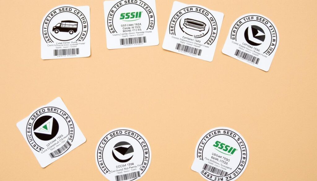 A high-resolution photograph of multiple seed certification labels arranged on a plain, neutral-colored background. The labels display the logos, serial numbers, and quality assurance information typical of official seed certification seals. The lighting is soft and even, accentuating the fine details and textures of the paper labels. The camera is positioned at a slight angle, allowing the viewer to see the labels clearly while creating a sense of depth and dimension. The overall mood is professional, informative, and focused on conveying the technical aspects of seed certification in a visually appealing manner.