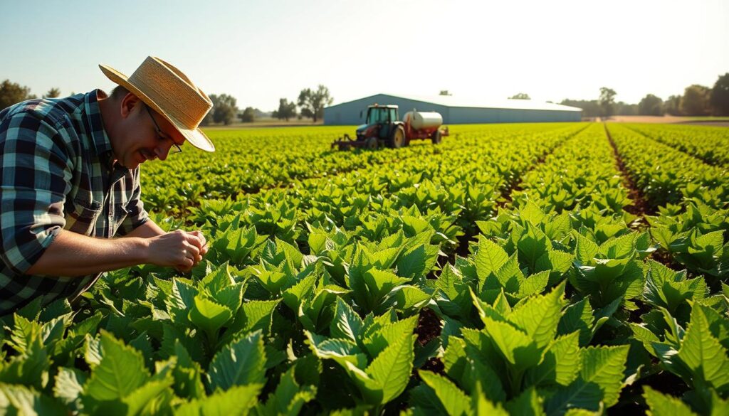 A lush, verdant agricultural field under a bright, sunlit sky. In the foreground, a farmer closely inspects a thriving crop, examining the robust, disease-resistant plants with a keen eye. In the middle ground, cutting-edge farm equipment navigates the rows, applying precision-targeted treatments. In the background, a modern agricultural research facility stands, its sleek, contemporary architecture a testament to the integration of technology and traditional farming practices. The scene conveys a sense of innovation, scientific rigor, and a commitment to sustainable, high-yield crop production.