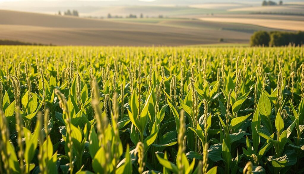 A lush, verdant field of high-yield, disease-resistant crops stands tall and vibrant under the warm glow of the afternoon sun. In the foreground, rows of healthy, genetically modified plants display robust stalks and lush foliage, their leaves glistening with resilience. The middle ground reveals a diverse array of crops, each thriving and resilient, protected by advanced CRISPR-based traits that ward off pests and pathogens. In the background, a rolling landscape of fertile farmland stretches out, hinting at the scale and potential of this revolutionary agricultural breakthrough. The scene conveys a sense of scientific progress, environmental sustainability, and the promise of bountiful, nutritious harvests to come.
