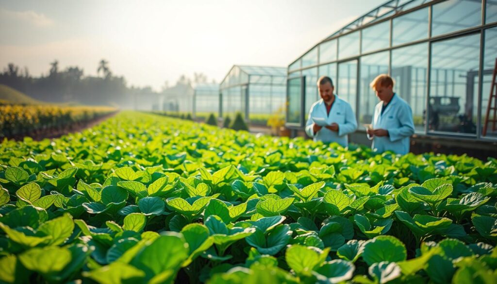 A lush, verdant field stretches out, dotted with thriving crops. In the foreground, healthy plants showcase vibrant, genetically-modified leaves. Hazy sunlight filters through, casting a warm glow across the scene. In the middle ground, scientists in white lab coats examine samples, their expressions thoughtful as they study the breakthrough results. In the distance, a modern greenhouse stands, its glass panels reflecting the sky above. The atmosphere conveys a sense of scientific progress, with the promise of bountiful, disease-resistant harvests to come.