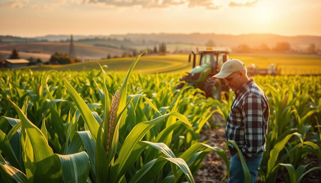 A lush, verdant maize farm nestled in a rolling countryside. In the foreground, a farmer examines a thriving maize plant, its leaves rustling in a gentle breeze. The middle ground showcases advanced farming equipment, including a high-tech tractor and precision irrigation systems, indicative of innovative agricultural practices. The background reveals a picturesque landscape, with distant hills and a clear sky overhead, bathed in warm, golden sunlight that casts a soft glow across the scene. The overall atmosphere conveys a sense of progress, efficiency, and harmonious integration of traditional farming methods with cutting-edge technology.
