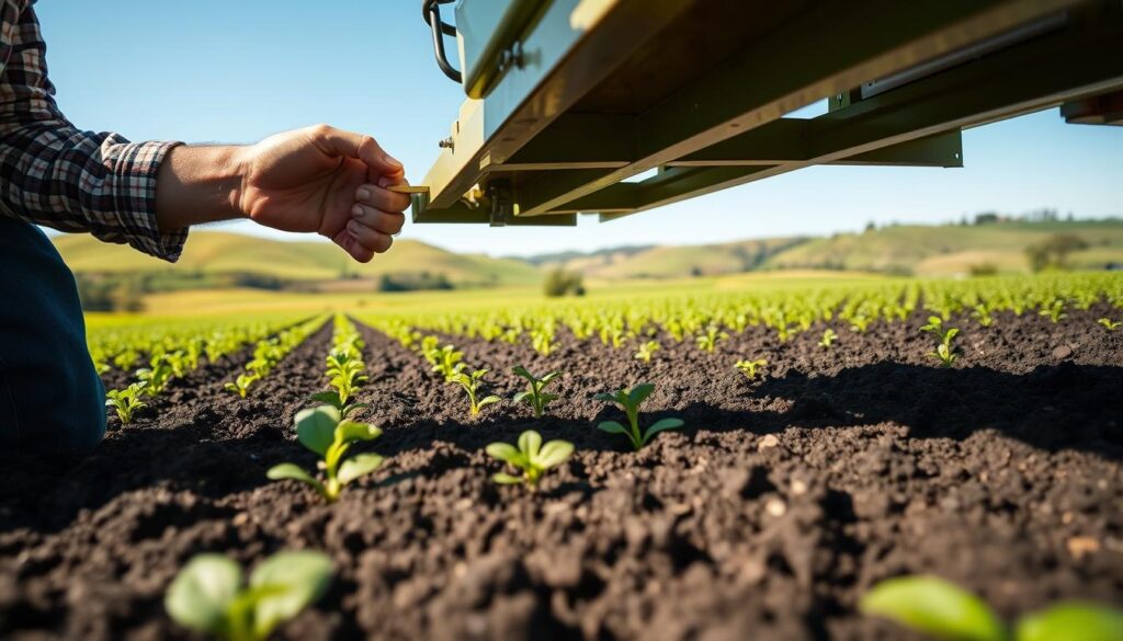 A precision agricultural field under bright, natural lighting. In the foreground, a farmer's hands carefully adjusting the depth of a seed planter, ensuring optimal seed placement. In the middle ground, rows of freshly planted crops emerge from the rich, dark soil. The background features a verdant landscape, with rolling hills and a clear blue sky, conveying a sense of tranquility and care for the land. The scene exudes a mood of scientific diligence, technological innovation, and environmental stewardship.