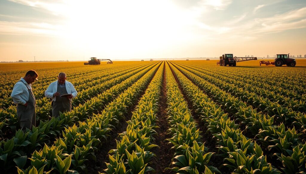 A sprawling agricultural field, its rows of crops neatly aligned and gently swaying in the breeze. In the foreground, farmers clad in rugged workwear examine plants, taking careful notes and measurements. The midground features a network of raised platforms and monitoring stations, where scientists in lab coats closely observe the trial plots. In the distance, a fleet of state-of-the-art farm equipment navigates the landscape, precisely applying treatments and collecting data. Warm, golden sunlight filters through wispy clouds, casting a contemplative, scientific atmosphere over the scene. The camera angle is slightly elevated, capturing the meticulous precision of this real-world research endeavor.