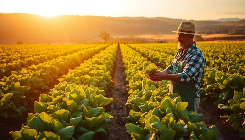 A thriving farm landscape with a farmer proudly standing in a field of bountiful crops, illuminated by warm, golden sunlight. In the foreground, a farmer inspects lush, healthy plants, showcasing the results of their innovative farming techniques. In the middle ground, rows of neatly tended crops sway gently in a light breeze, reflecting the farmer's diligent care. The background features a backdrop of rolling hills and a cloudless, azure sky, conveying a sense of tranquility and abundance. The scene radiates a mood of accomplishment, prosperity, and the triumph of modern, sustainable agriculture.