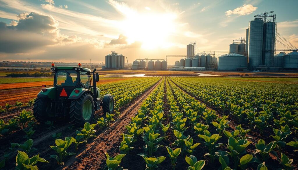 A vast and sprawling agricultural landscape, where innovative farming techniques have transformed the economic landscape. In the foreground, a modern tractor equipped with precision sensors and GPS-guided automation tills the soil, maximizing efficiency and crop yields. In the middle ground, rows of lush, disease-resistant crops sway gently in the breeze, their vibrant colors and robust health a testament to the advancements in plant breeding. The background is dominated by towering silos and modern processing facilities, symbolizing the increased productivity and profitability of this new era of farming. Warm, golden sunlight filters through wispy clouds, casting a hopeful glow over the scene, conveying the positive economic impact of these farming innovations.