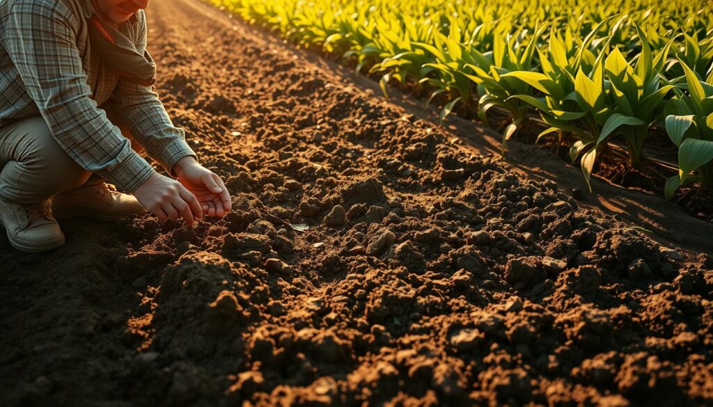 A vast expanse of rich, dark soil, meticulously analyzed under the warm glow of afternoon sunlight. In the foreground, a farmer kneels, carefully examining soil samples, their hands weathered by years of diligent work. In the middle ground, precision agricultural equipment stands ready, its sleek, modern design a testament to technological advancements. In the background, rows of verdant, nitrogen-efficient crops sway gently, their leaves catching the light and casting intricate shadows on the ground. The scene conveys a sense of thoughtful stewardship, where data-driven insights and hands-on expertise merge to cultivate a thriving, sustainable agricultural landscape.