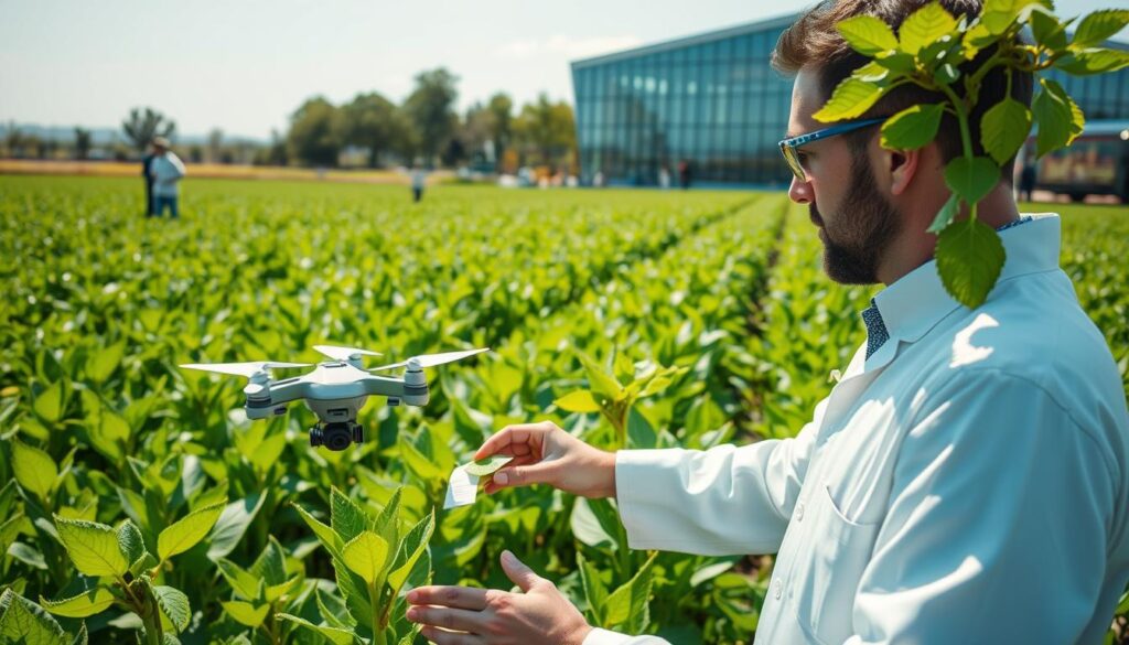 A vast, sun-drenched field of genetically modified crops, meticulously tended by a team of farmers wielding advanced CRISPR technology. In the foreground, a scientist examines a lush, verdant plant, its leaves glistening with precision-engineered nitrogen-fixing capabilities. In the middle ground, autonomous drones and robotic harvesters navigate the rows, optimizing every step of the cultivation process. In the background, a state-of-the-art research facility stands, its glass-paneled walls reflecting the boundless potential of this new era of sustainable, nitrogen-efficient agriculture.