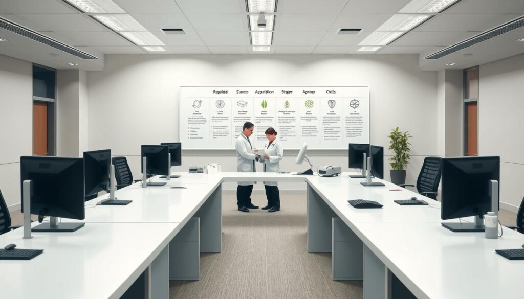An office interior with a wide desk, computer monitors, and scientific instruments on the surface. In the middle ground, a group of scientists in white lab coats examine documents and confer. In the background, a wall-mounted display shows regulatory approval stages for biotech crops, with icons and infographic elements. Soft, neutral lighting creates a calm, professional atmosphere. The scene conveys the rigorous process of testing and oversight involved in approving new genetically modified agricultural products.