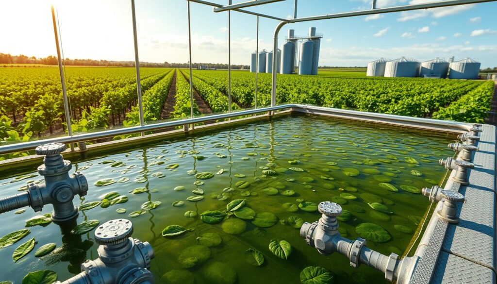 Prompt An industrial-scale bioreactor filled with a rich, dark-green liquid, surrounded by a lush, verdant landscape. The bioreactor's glass walls reflect the sunlight, casting a warm, natural glow. In the foreground, a network of pipes and valves regulate the flow of the carbon-capturing solution, while in the background, towering silos and storage tanks suggest a comprehensive, integrated system. The scene conveys a sense of technological innovation harmoniously blended with a thriving, eco-friendly environment, reflecting the role of eco-friendly fertilizers in sustainable agriculture.