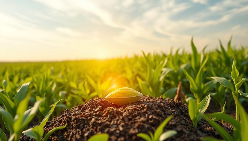 a lush, verdant field of thriving crops, with a central focus on a single seed pod resting on a bed of rich soil. The seed pod is illuminated by warm, golden light, signifying the potential for growth and renewal. In the background, a vast, open sky with wispy clouds creates a sense of hope and possibility. The overall composition conveys the idea of innovation and progress in seed technology, leading to a sustainable and abundant future for agriculture.