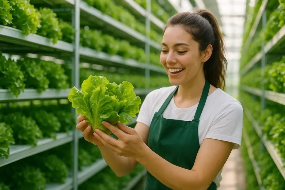 Chicago Vertical Farming setup with stacked greens and water lines