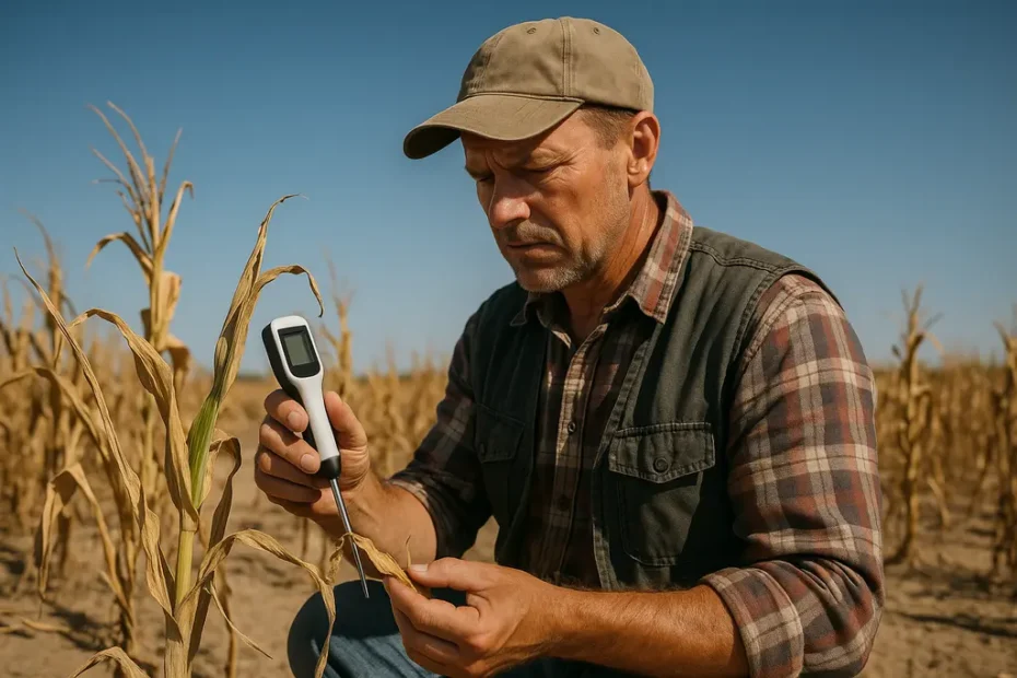 Drought Strategies shown in a dry crop field with irrigation equipment near the rows