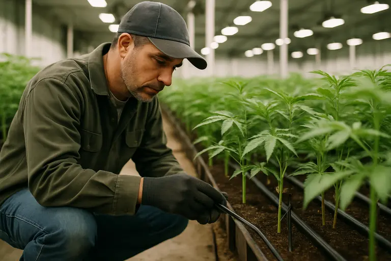 Farm worker checking plants and irrigation lines in an indoor grow room