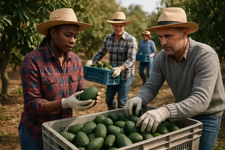 Farm workers handling harvested avocados near crates in an orchard