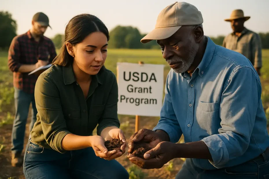 Advisor reviewing federal farm grants with a farmer beside cover crop notes