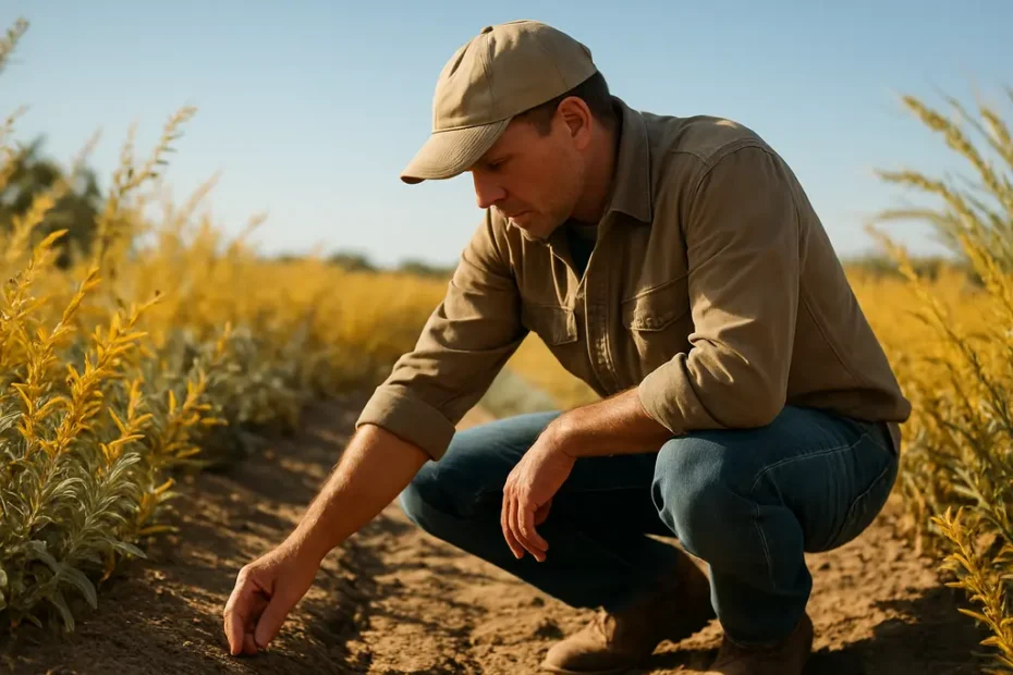 Low-Water Crops growing in dry rows with irrigation equipment nearby