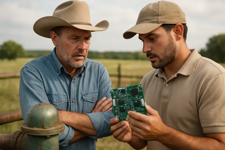 Rancher inspecting solar-powered equipment near a livestock water point