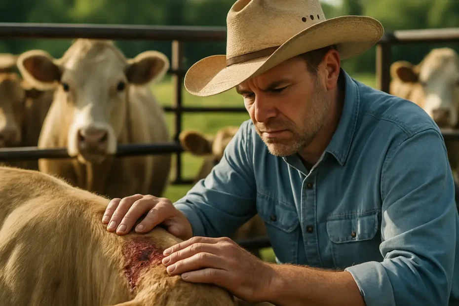 screwworm fly prevention check on a Texas calf with a rancher nearby