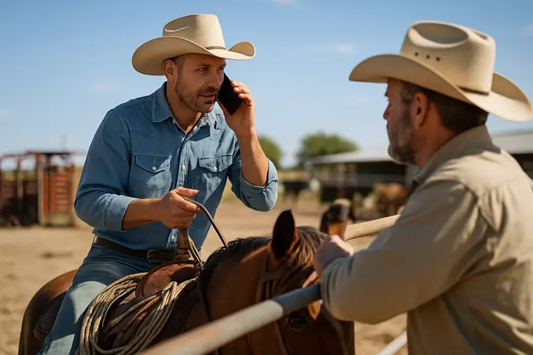 Veterinarian and rancher reviewing an animal health record beside cattle pens