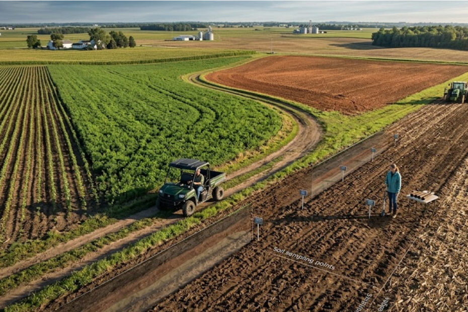 Create a sophisticated, realistic agricultural science infographic for the section “$520 Or $770 For Three Samples.” Avoid a conventional farm photograph. Build a premium laboratory still-life scene viewed from directly above on a dark graphite work surface. Arrange three realistic soil sample containers in a precise triangular composition, surrounded by professional laboratory instruments: a digital analytical scale, soil moisture sensor, sample bags, stainless-steel sampling tools and a tablet displaying a clean comparison between the basic and advanced testing packages. Visually distinguish the two testing levels with restrained professional data graphics: “$520” associated with the basic three-sample package and “$770” associated with the advanced package, with simple visual indicators showing additional biological analysis. Keep typography extremely clean and secondary to the physical objects. Include close-up soil textures ranging from sandy brown to rich black loam. Use a radically different color world: matte charcoal, electric blue, ivory white, amber and small violet accents. High-end scientific magazine aesthetic, realistic shadows and reflections, macro-level soil detail, precise laboratory arrangement, no cartoon icons, no generic corporate imagery, no people. Vertical 4:5 composition, photorealistic scientific visualization, Gemini Nano Banana latest version.