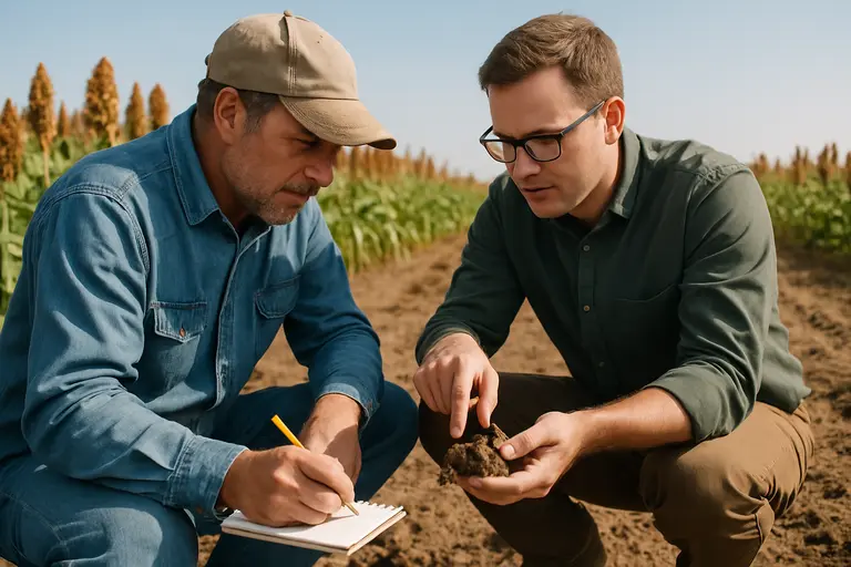 Agronomist checking sorghum plants with a clipboard in a test plot