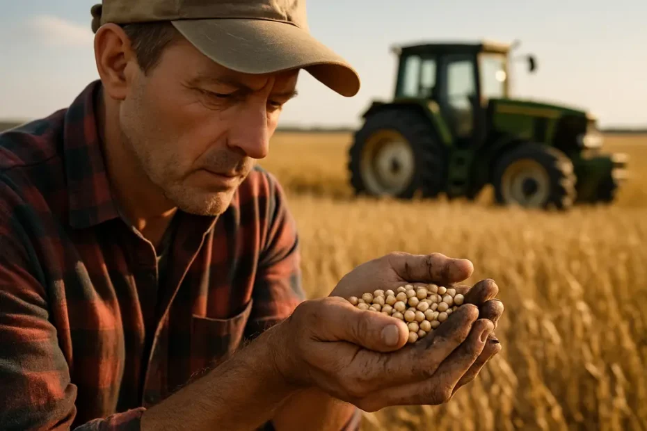 August Crop Report notes beside corn and soybean samples on a farm desk