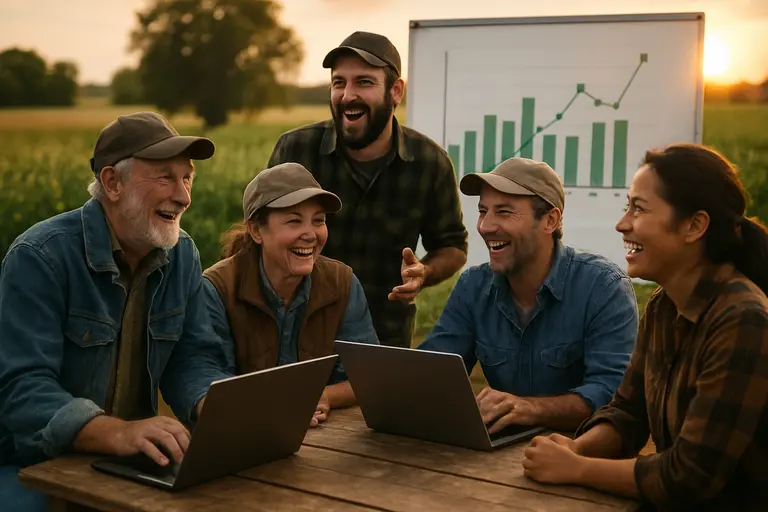 Farmer checking crop rows with tablet in a broad field
