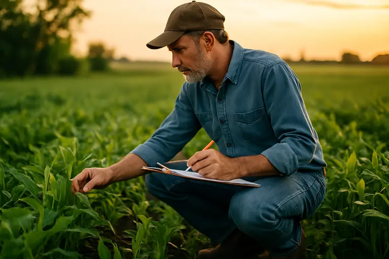 Farmer reviewing crop records on a tablet beside a field