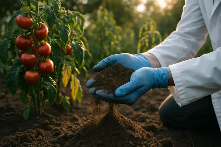 Researcher examining tomato foliage in a contained field plot