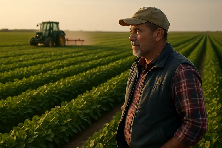 Farmer walking through soybean rows while checking plant growth and soil condition