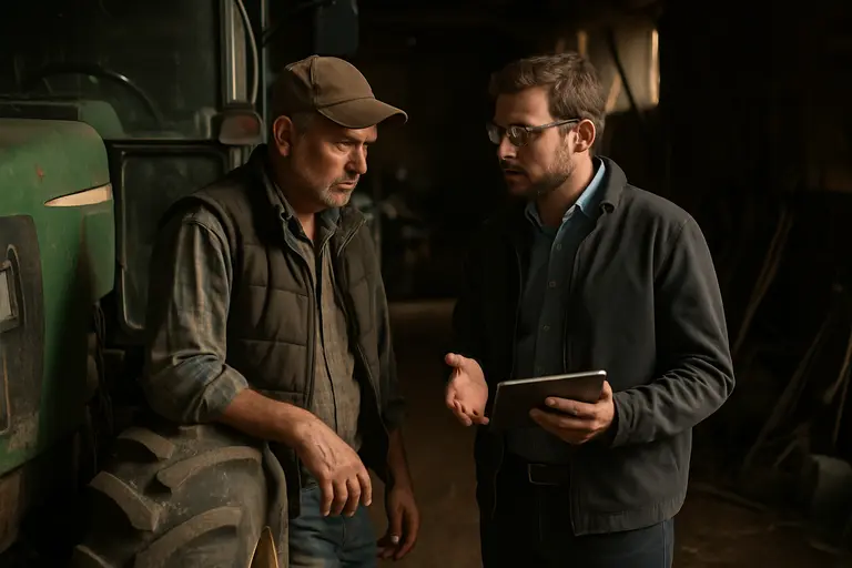 Farmer checking a tablet beside equipment at the edge of a crop field