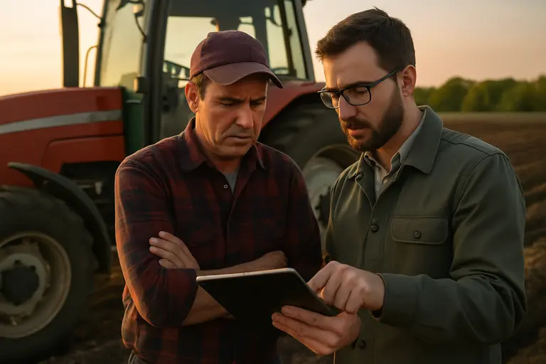 Farm operator comparing equipment data and field notes in a pickup cab
