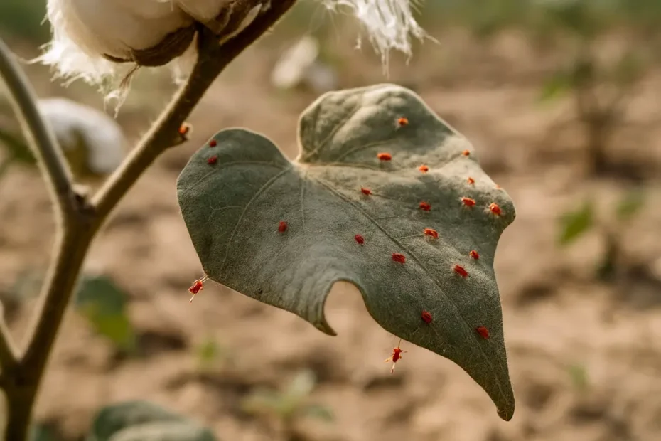 Cotton Spider Mites damage visible on drought-stressed cotton leaves