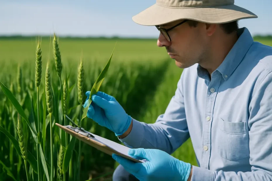 Disease Resistant Crops trial plots with wheat and cotton rows under field evaluation