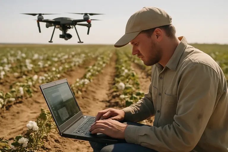 Drone flying above a cotton field with uneven plant stress
