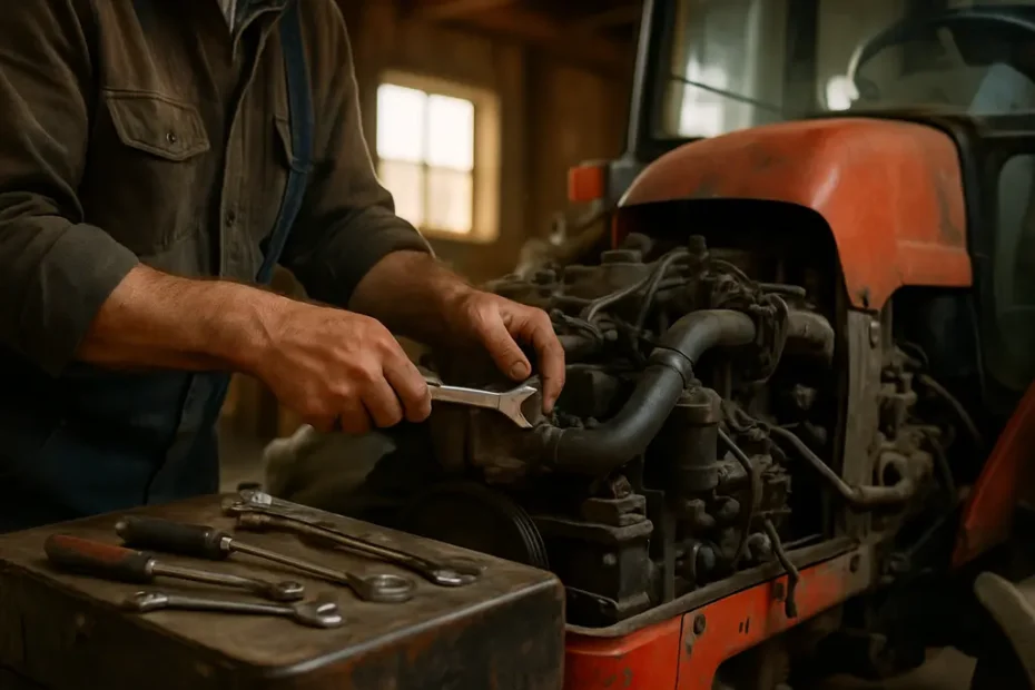 Farm Equipment Repair diagnostics on a tractor display in a farm shop