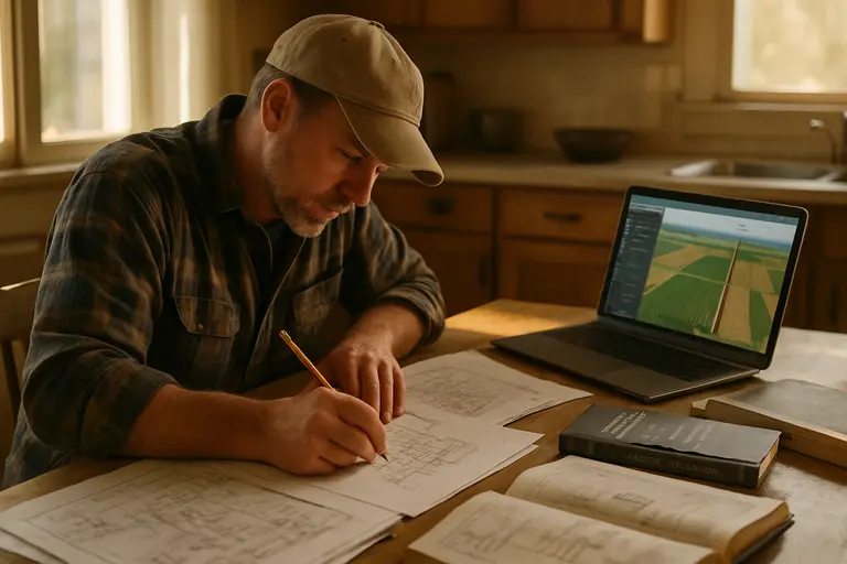 Farmer and mechanic discussing maintenance records in a farm office