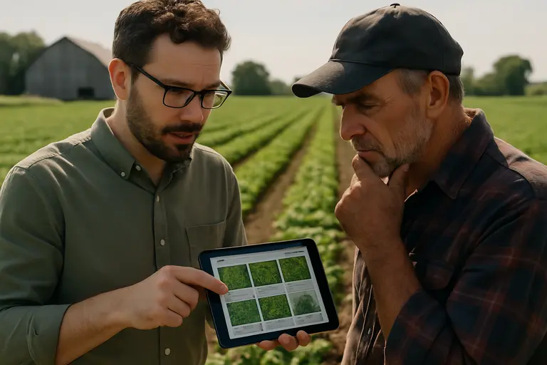 Farmer inspecting young crops for weeds in a field