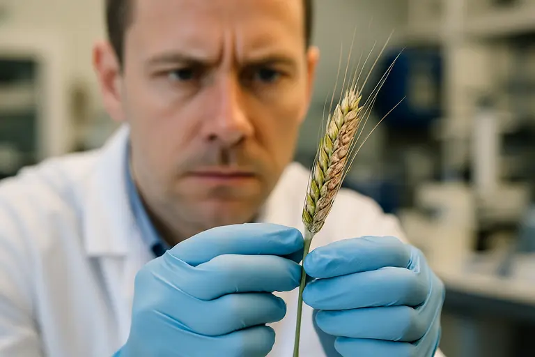 Wheat heads in a plot during flowering