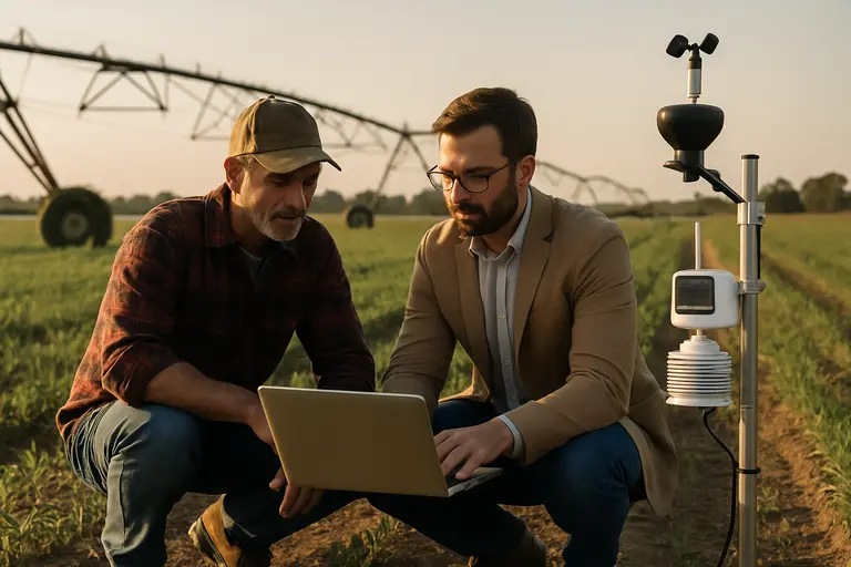 Agronomist checking crop rows while holding a field tablet