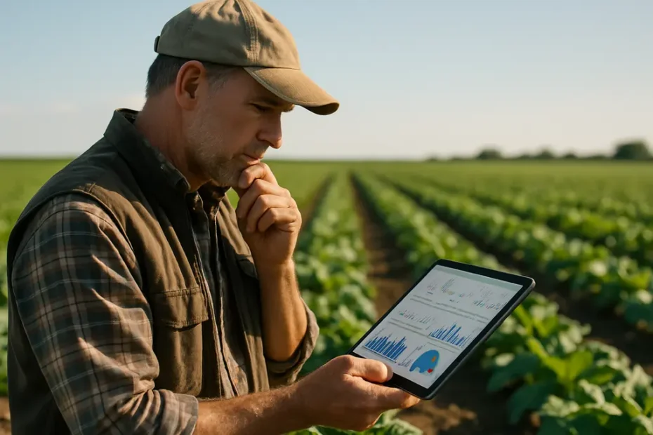 AI Data Collection dashboard beside crop rows and sensor equipment