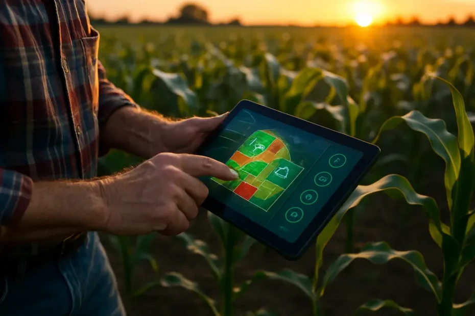 AI Precision Farming tools shown beside crop rows and a tablet in a field