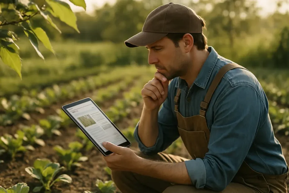 Farmer using a tablet in a field for blogging for farmers about soil practices