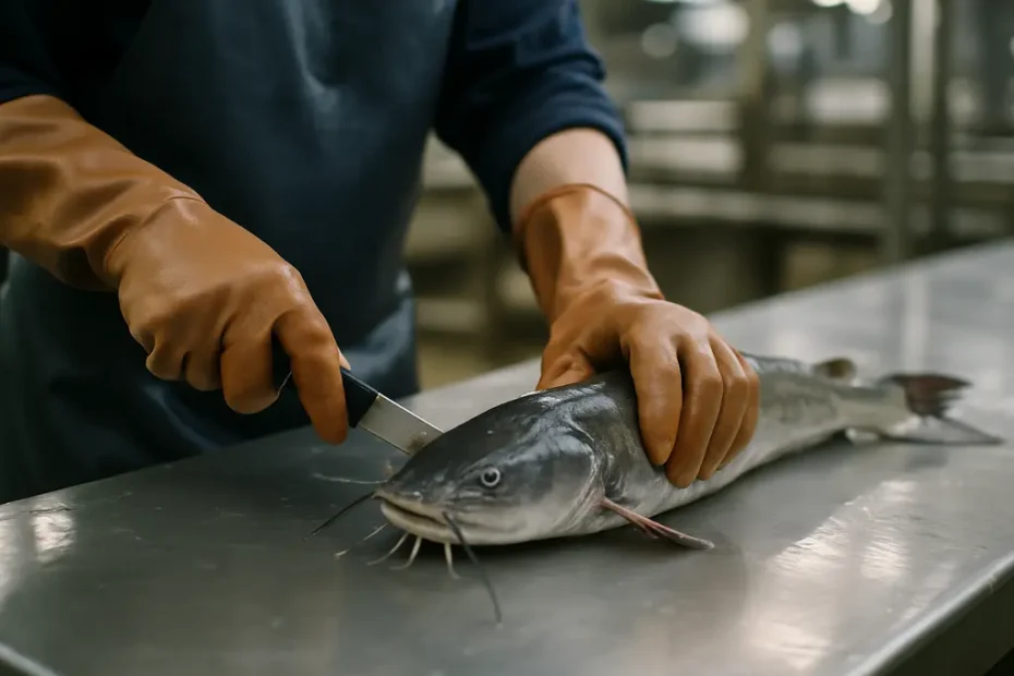 Catfish Processing workers sorting wild-caught fish in a chilled seafood facility