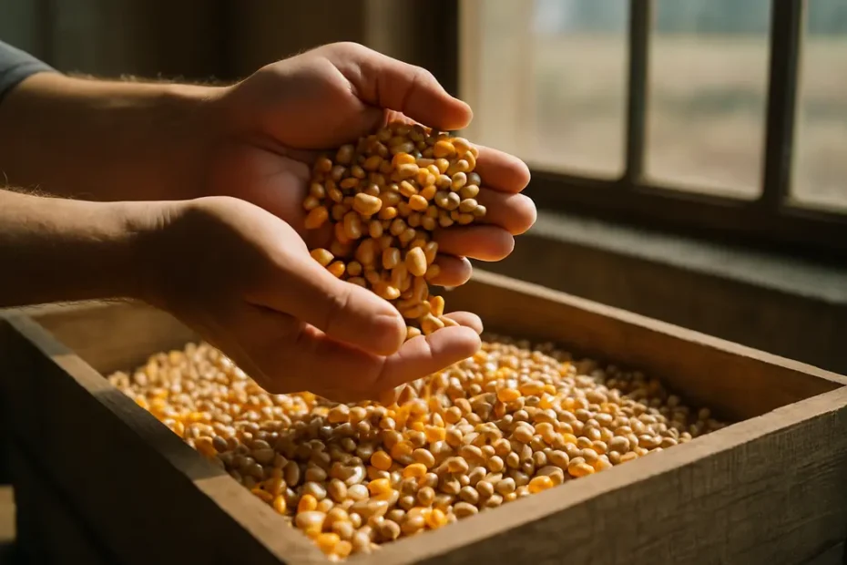 Corn soybean stocks shown by grain bins beside harvested Midwestern fields