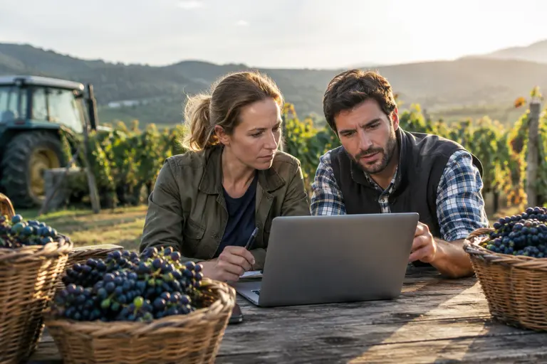 Crop adviser examining grape leaves with a grower in a vineyard row